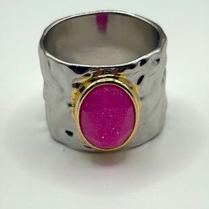 Chic Silver Ring with Gold Accent and Pink Faux Druzy Stone size 12